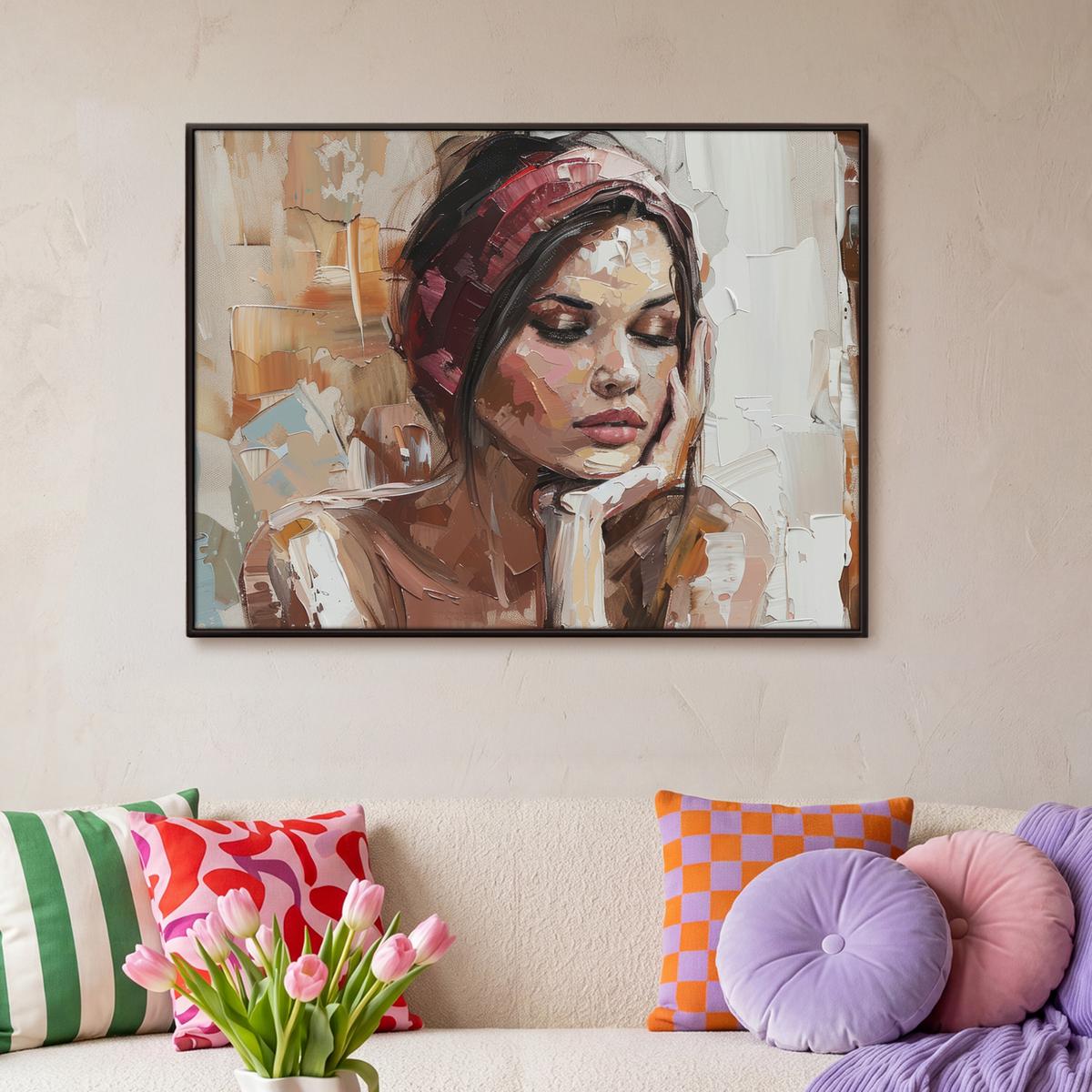 LEINWAND Bilder mit Rahmen - Frau - Lackierung - Porträt - Modern - 100x70 - Altrosa, Textil (100/70cm) - MuchoWow