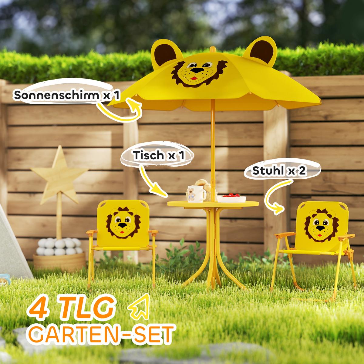 4 tlg. Kindersitzgruppe Garten Kindersitzgarnitur mit Sonnenschirm Klappstühle - Gelb, Metall - AIYAPLAY