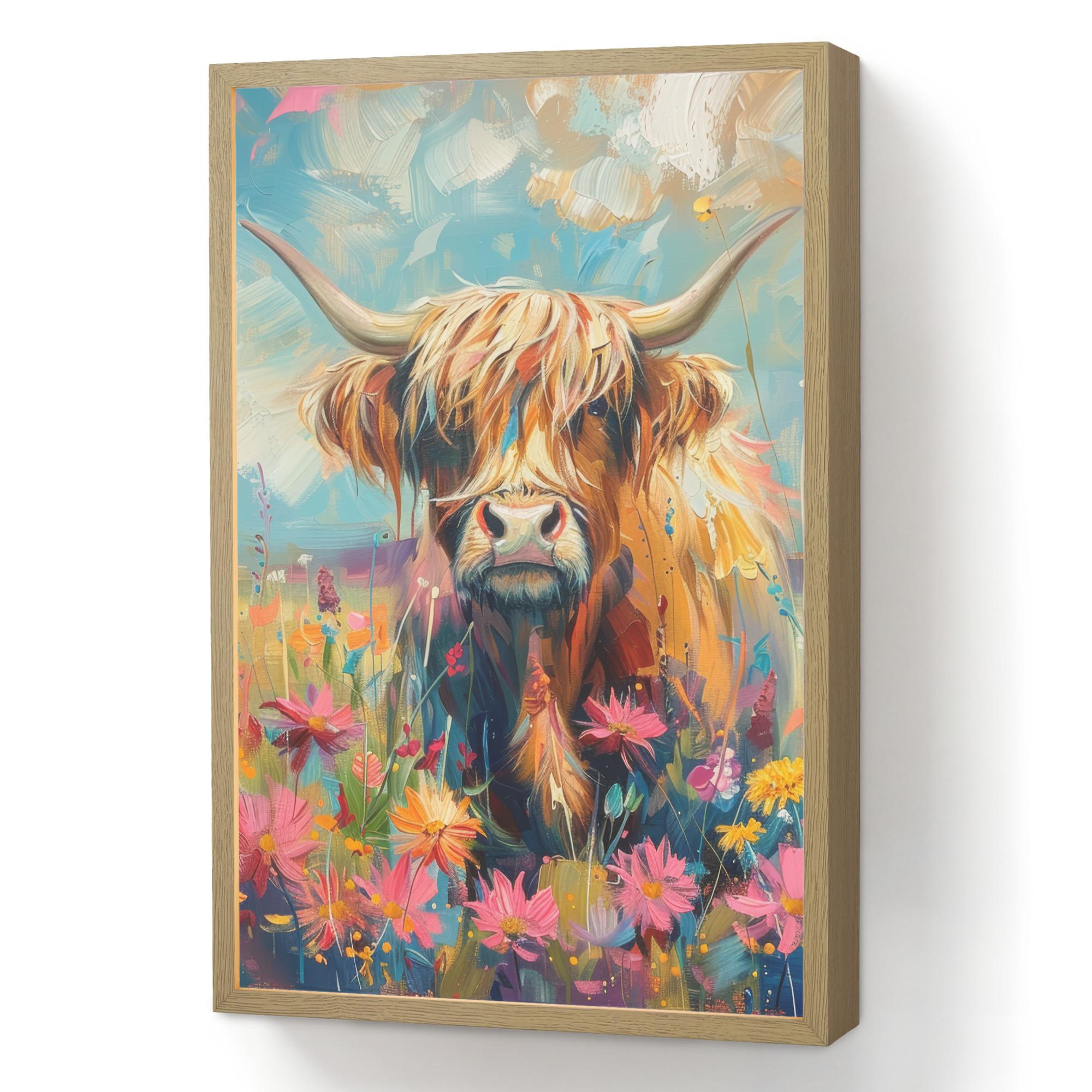WANDLEUCHTE MIT AKKU Schottische Hochländer - Natur - Farbenfroh - Blumen 40x60 cm - Multicolor, Holzwerkstoff (40/60/8cm) - OnlyWow
