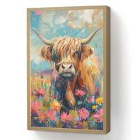 WANDLEUCHTE MIT AKKU Schottische Hochländer - Natur - Farbenfroh - Blumen 40x60 cm - Multicolor, Holzwerkstoff (40/60/8cm) - OnlyWow
