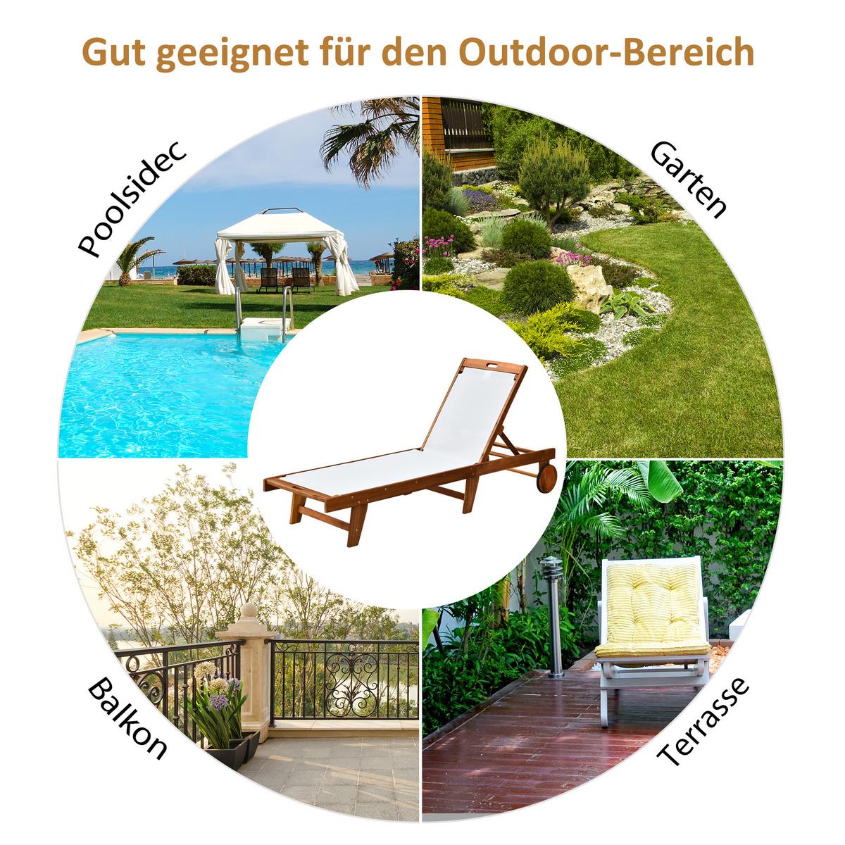 SONNENLIEGE Relaxliege Gartenliege verstellbar Holz Textil Natur+Weiß - Weiß, Holz (55/88.5/198cm) - Outsunny