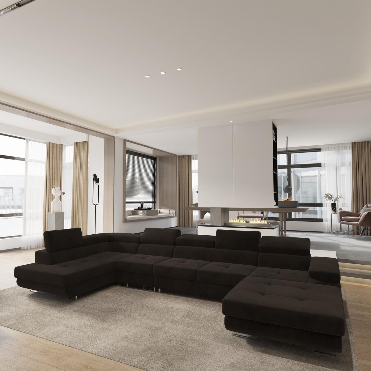 WOHNLANDSCHAFT VELORA L-S Braun Velours-Stoff mit Schlaffunktion - Braun, Holz (419/90/202cm) - MASSENO