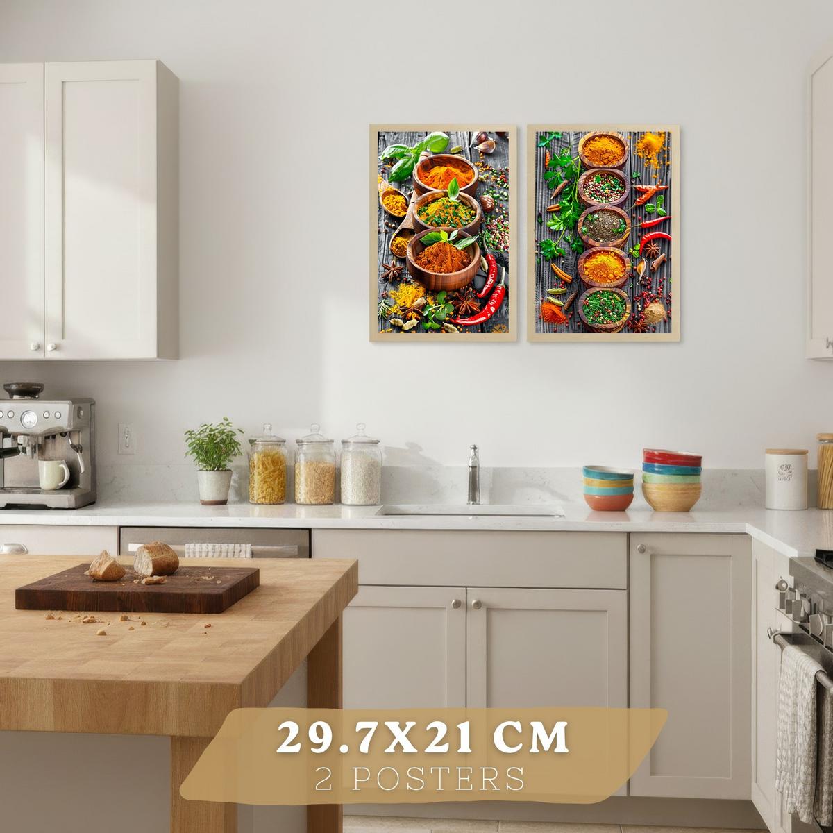 POSTER 2er Set Küchen-Wandbilder Cocktail Aperol und Gewürze Warme Farbtöne Esszimmer Wanddeko Leichter Holzrahmen A4 - Beige, Papier (29.7/1/21cm) - Nacnic
