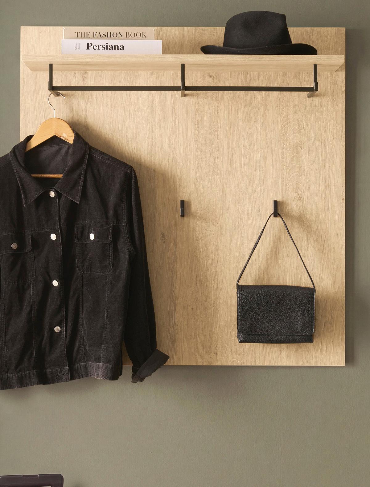 GARDEROBENPANEEL Stone Eiche 90 x 90 cm, Wandgarderobe mit Hutablage - Eichefarben/Schwarz, Holzwerkstoff/Metall (90/90/30cm) - Furn.Design