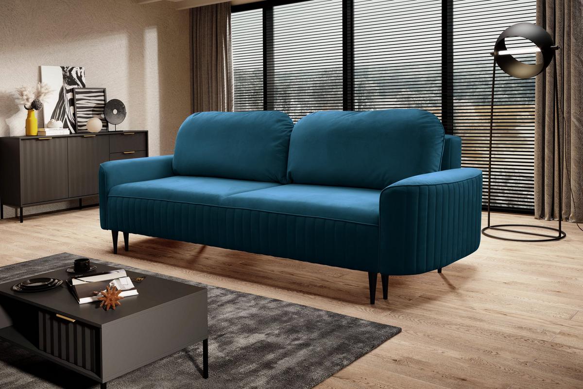 BETTSOFA FILO Blau Velours-Stoff mit Schlaffunktion - Petrol, Holz (244/92/102cm) - MASSENO