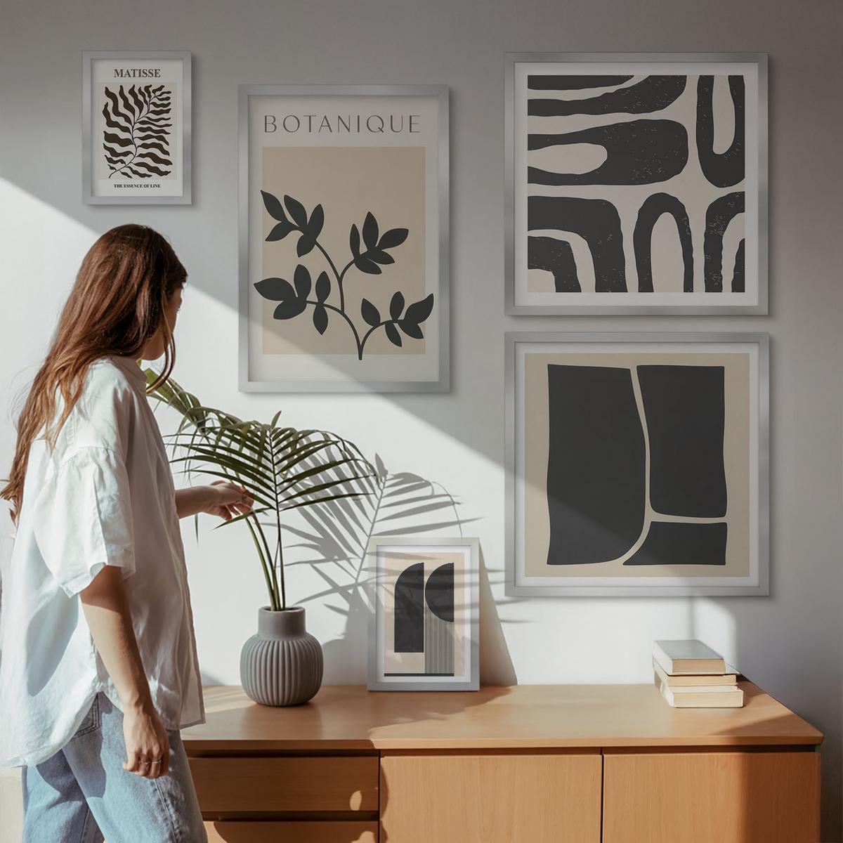 BILDER SET 5er Set - 50x50 cm & 20x30 cm & 40x60 cm Silberner Rahmen - Minimalistische Pflanzenposter - Silberfarben, Kunststoff (40/60cm) - TULUP
