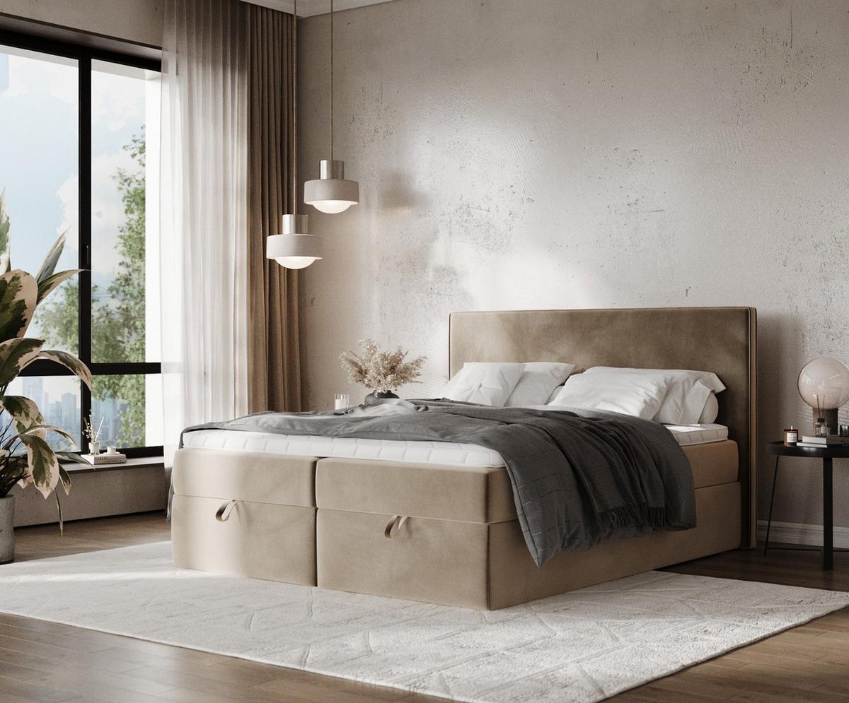 BOXBETT Velma 160/200 cm Taupe im Paros Stoff - Taupe/Schwarz, Holz/Holzwerkstoff (160/200cm) - AltaBeds