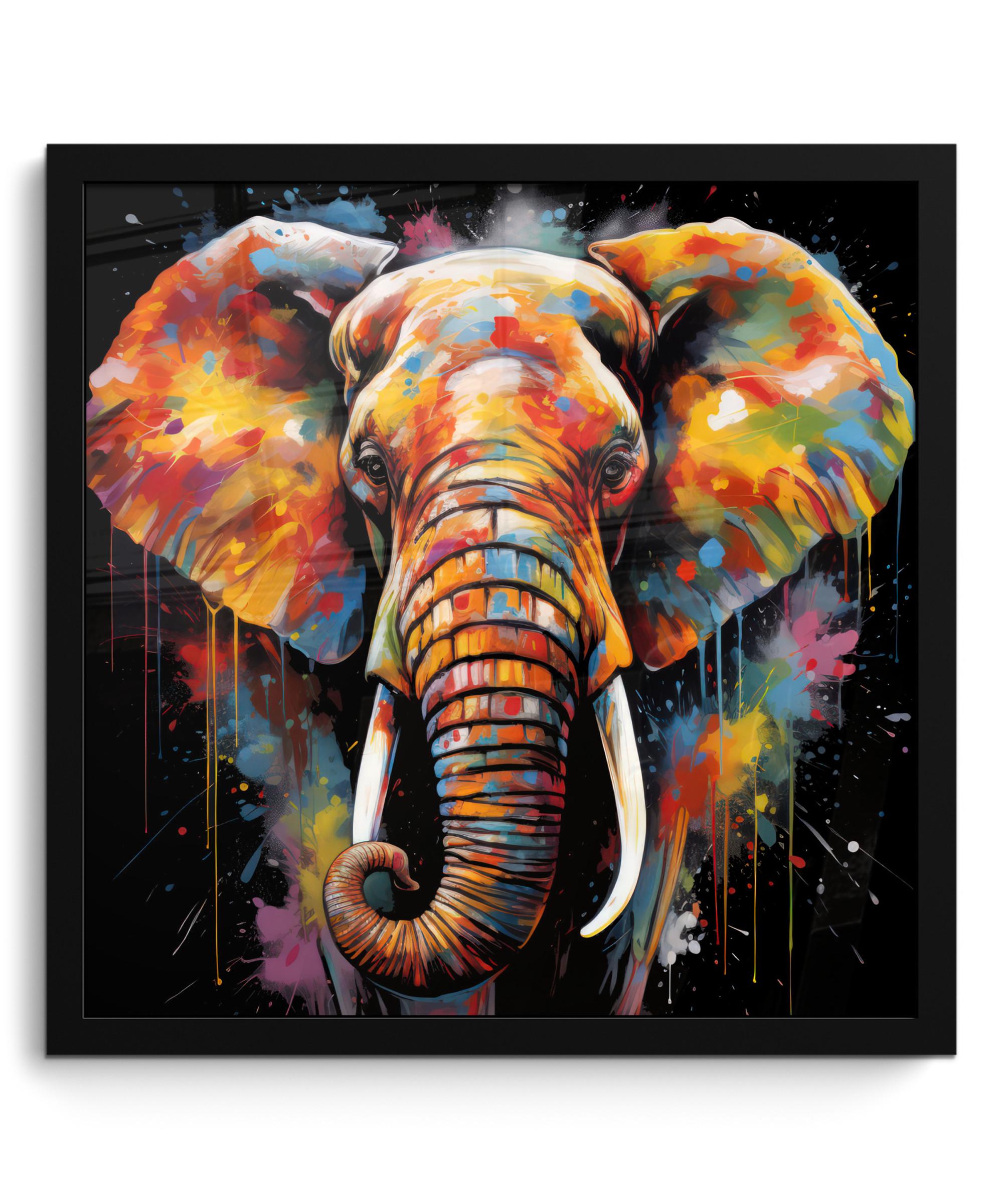 POSTER MIT RAHMEN Elefant - Graffiti - Schwarz - Tiere - Farben 40x40 cm - Schwarz, Papier (40/40cm) - MuchoWow