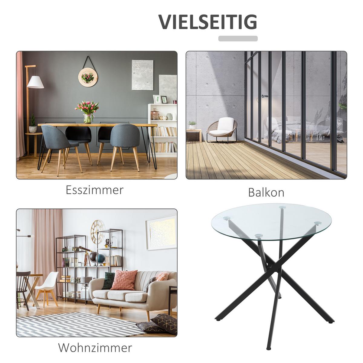 ESSTISCH, Rund Küchentisch für 4 Personen, runder Esszimmertisch Hartglas - Schwarz, Metall (80/80/75cm) - HOMCOM