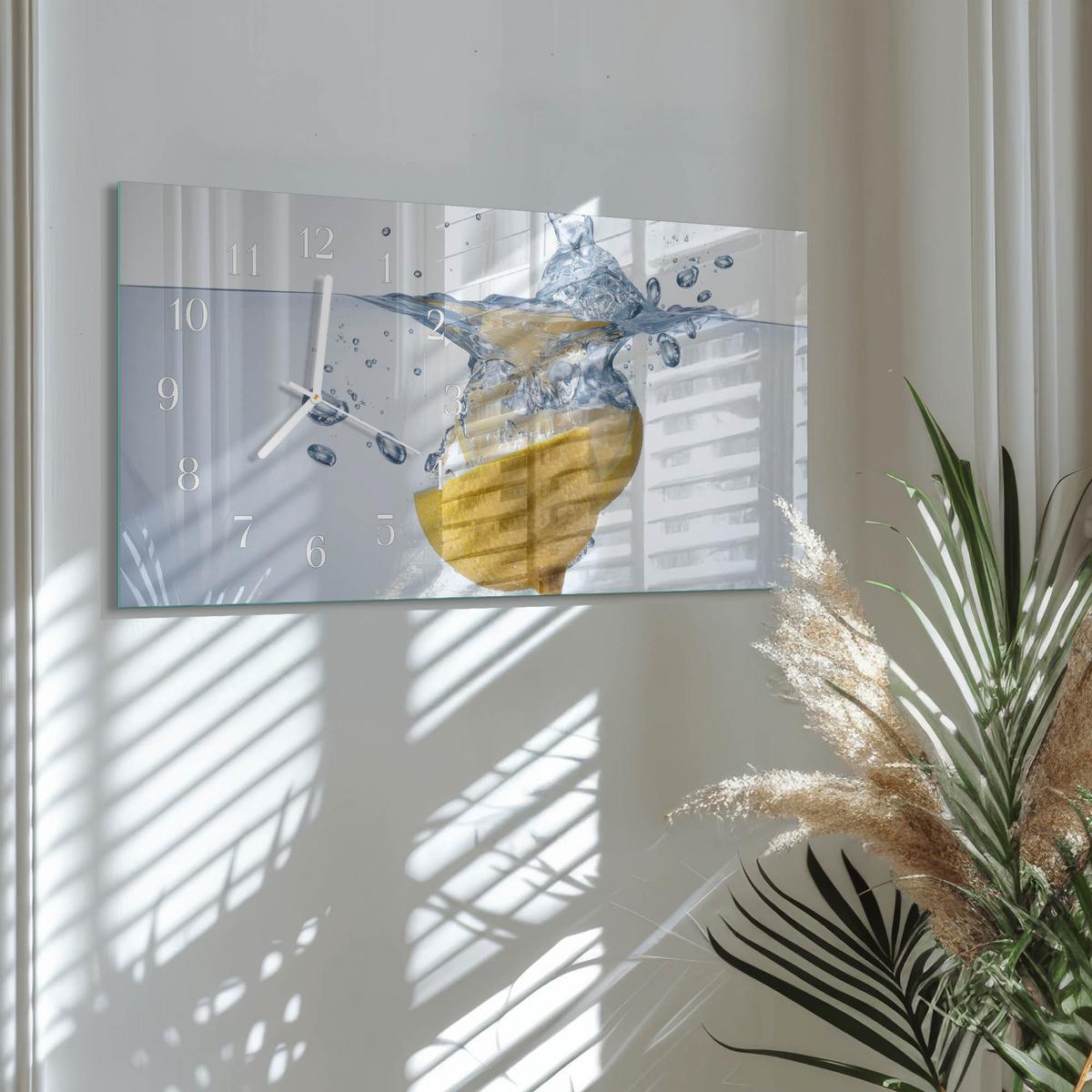 WANDUHR aus Glas 60x30 cm - Zitrone im Wasser - Blau, Glas (60/30/0.4cm) - TULUP