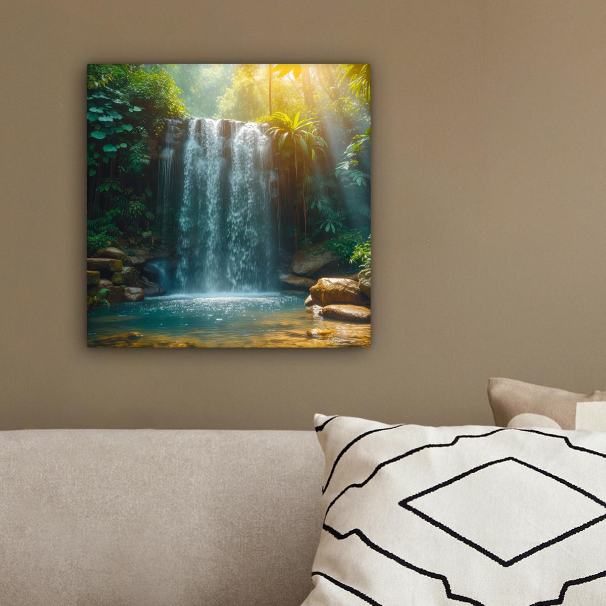 LEINWANDBILD Wasserfall - Dschungel - Sonne - Grün - Natur Deko Wohnzimmer 20x20 cm - Grün, Textil (20/20cm) - MuchoWow