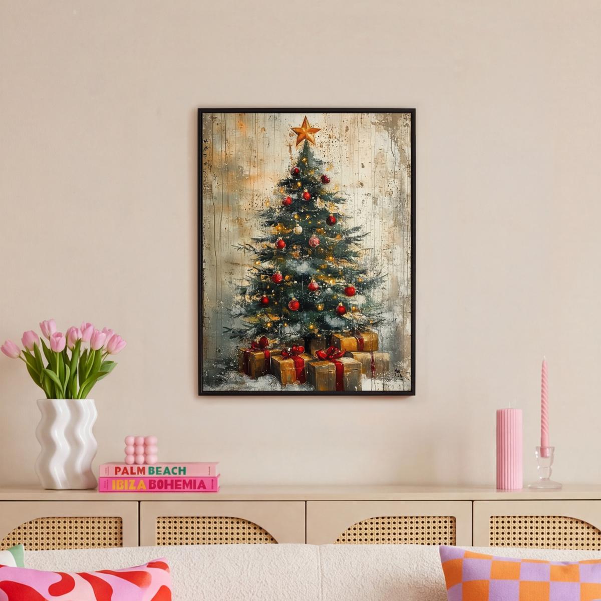 LEINWAND Bilder mit Rahmen - Weihnachtsbaum - Vintage - Weihnachten - Geschenk - 60x80 - Rostfarben, Textil (60/80cm) - MuchoWow