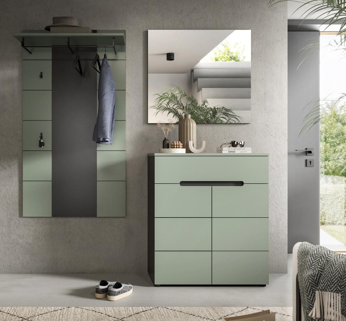 GARDEROBEN-SET 3-teilig Salbei grün, grau 175 cm, Flurgarderobe mit Soft-Close - Salbeigrün/Schwarz, Holzwerkstoff/Kunststoff (175/190/37cm) - Inn.Furn