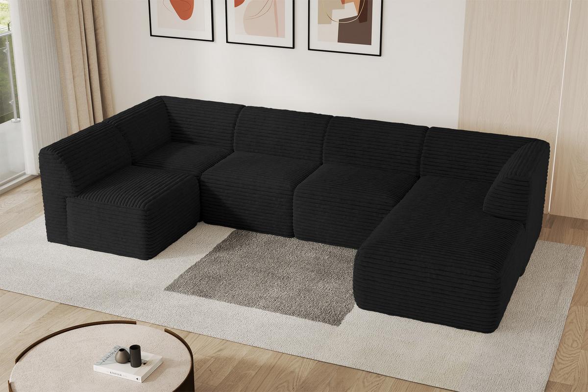 WOHNLANDSCHAFT Ottomane Rechts MOVO-L 345x180x78 cm Schwarz Cord - Schwarz, Holzwerkstoff/Kunststoff (180/78/345cm) - ALTDECOR