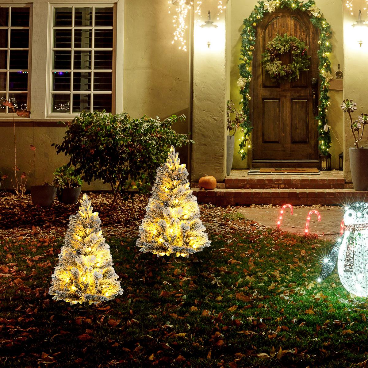 107 cm Künstlicher Weihnachtsbaum, 2er-Set mit 100 LED-Lichten flammhemmend - Weiß/Grün, Kunststoff/Metall (107cm) - HOMCOM