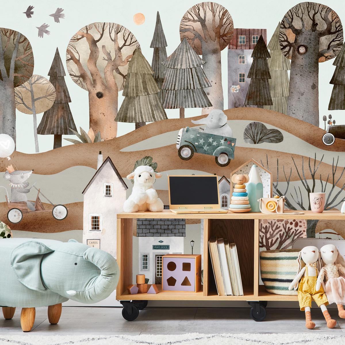 FOTOTAPETE für Kinderzimmer Fantastische Stadt Häuser Wald Tiere Autos 300x210 - Beige/Braun, Papier (300/210cm) - Muralo