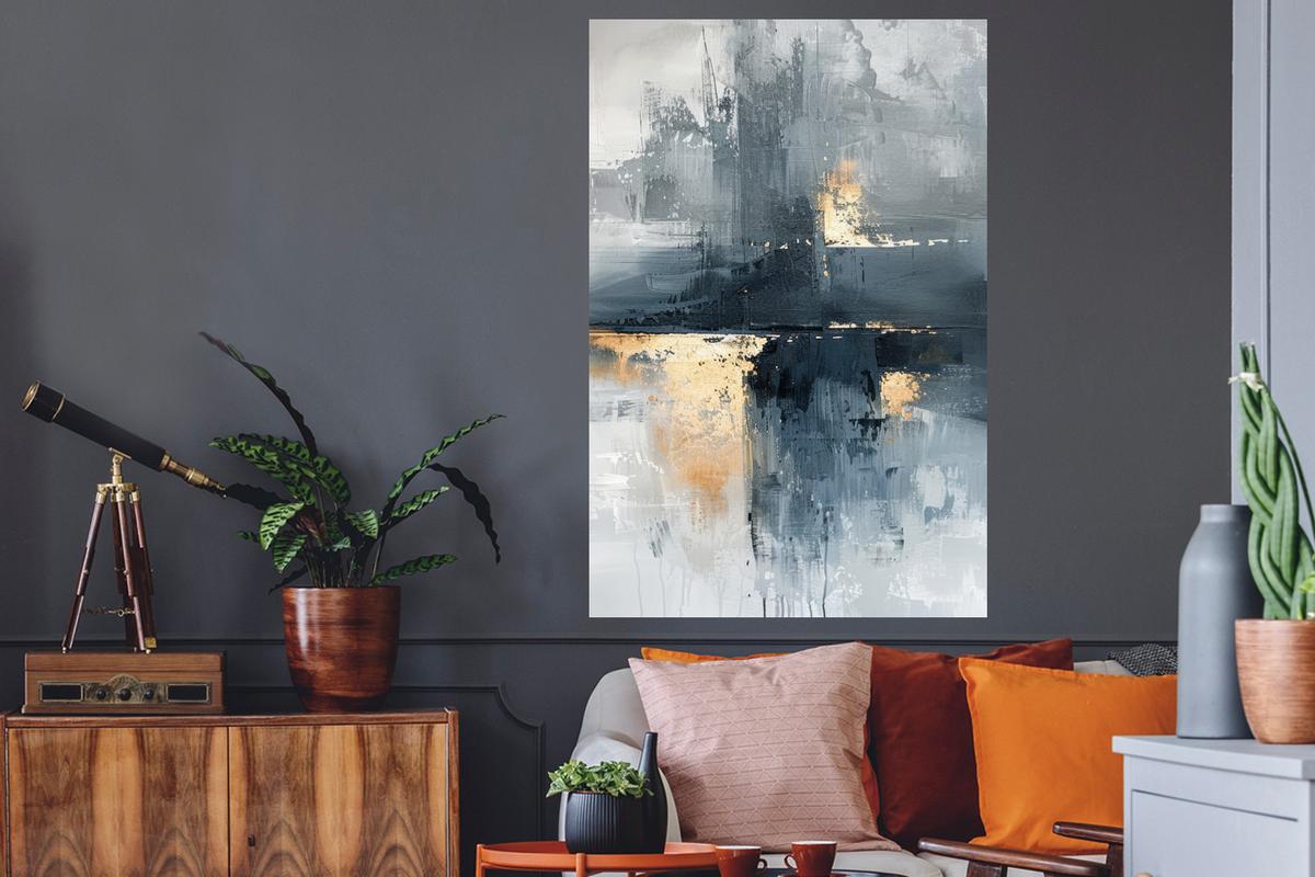 WANDTATTOO Kunst - Grau - Gold - Abstrakt Wandaufkleber 80x120 cm - Dunkelgrau, Kunststoff (80/120/0.1cm) - MuchoWow