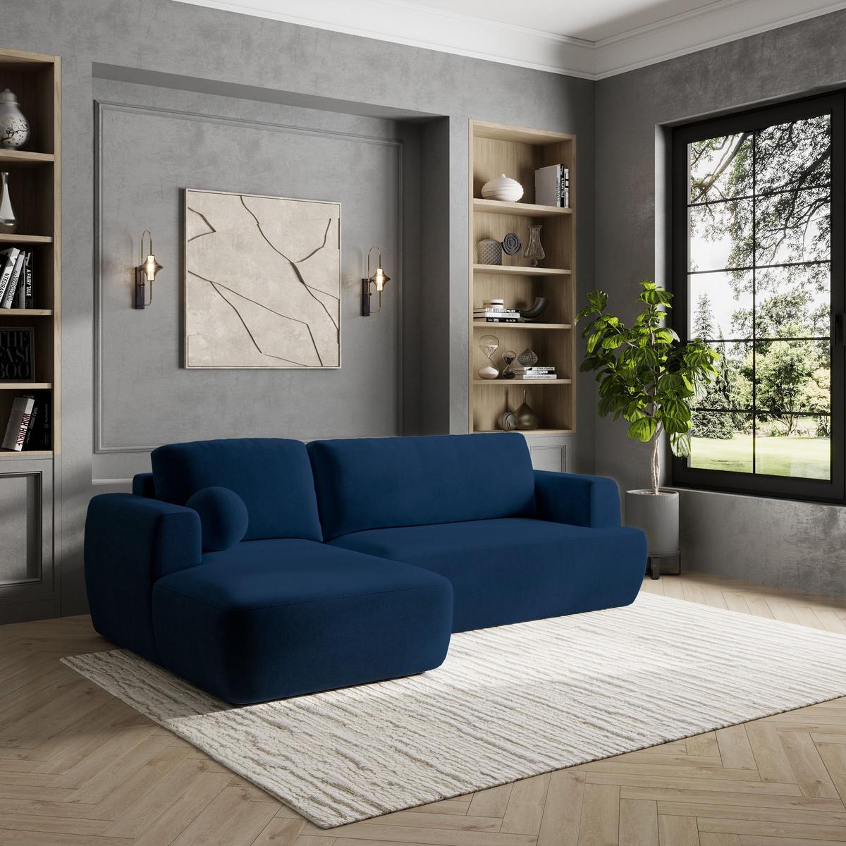 ECKSOFA SENTI K L-S Blau Plüsch-Stoff mit Schlaffunktion - Blau/Schwarz, Holz/Kunststoff (246/148cm) - MASSENO