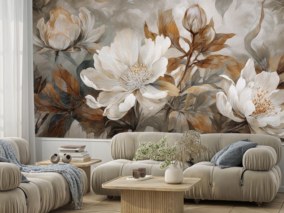 FOTOTAPETE für Wohnzimmer Blätter Abstrakte Blüten Pflanzen Retro 150x105 - Grau, Papier (150/105cm) - Muralo