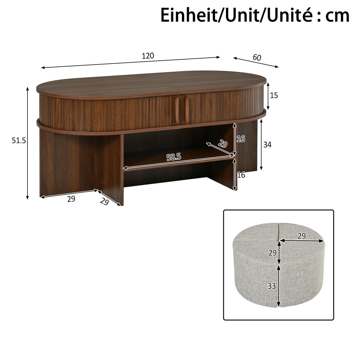 COUCHTISCH Oval Nussbaum mit Stoffhockern Schiebetüren & Rillenoptik - Walnussfarben, Holzwerkstoff (60/120/51.5cm) - Urban Meuble