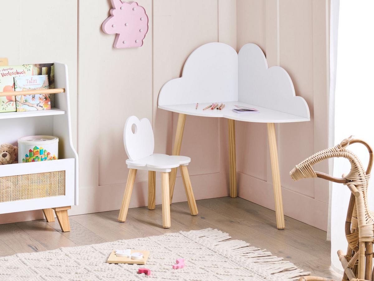 KINDERTISCH und Stuhlset Weiß Cloudy - Hellbraun, Holzwerkstoff (65/77/26cm) - Beliani