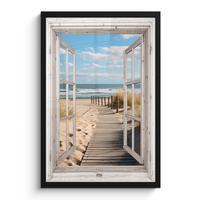POSTER MIT RAHMEN Fenster - Meer - Küste - Natur - Ausblick - Strand - Wattenmeer Bilder mit Rahmen 40x60 cm - Beige, Papier (40/60cm) - MuchoWow
