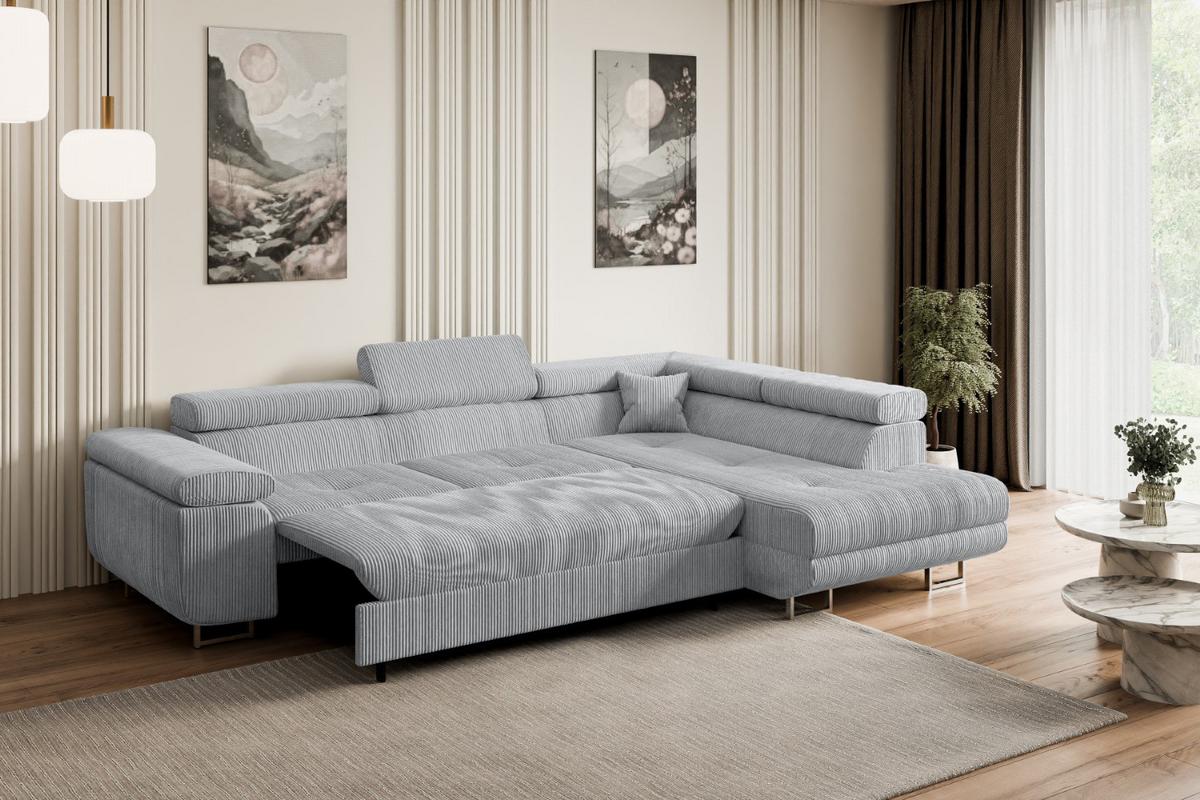 ECKSOFA mit Schlaffunktion und Bettkasten GUSA-L 272x202x107 cm Grau Cord - Silberfarben/Grau, Holzwerkstoff/Textil (272/202cm) - ALTDECOR