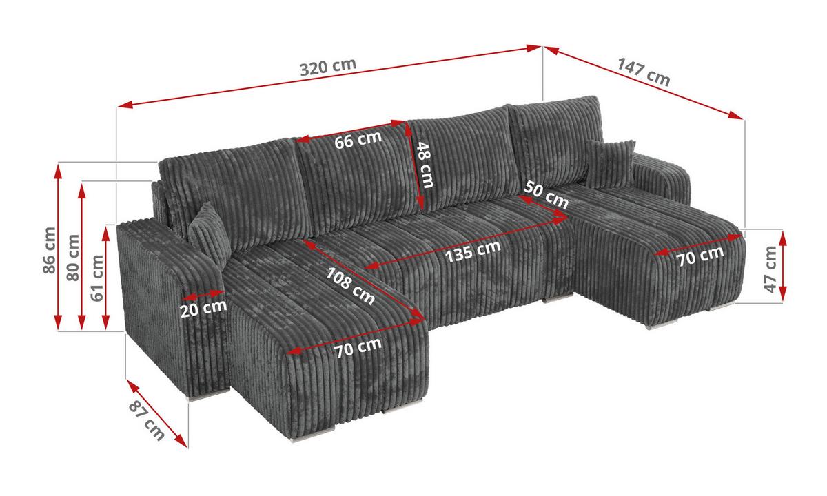 WOHNLANDSCHAFT KIRASSO U Dunkelgrau Cord - Dunkelgrau/Grau, Textil/Metall (320/86/147cm) - MKS