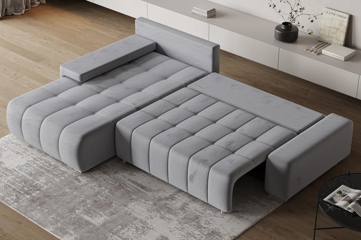 ECKSOFA ALESE L-S Hellgrau Velours-Stoff mit Schlaffunktion - Silberfarben/Hellgrau, Holz/Textil (265/185cm) - MASSENO