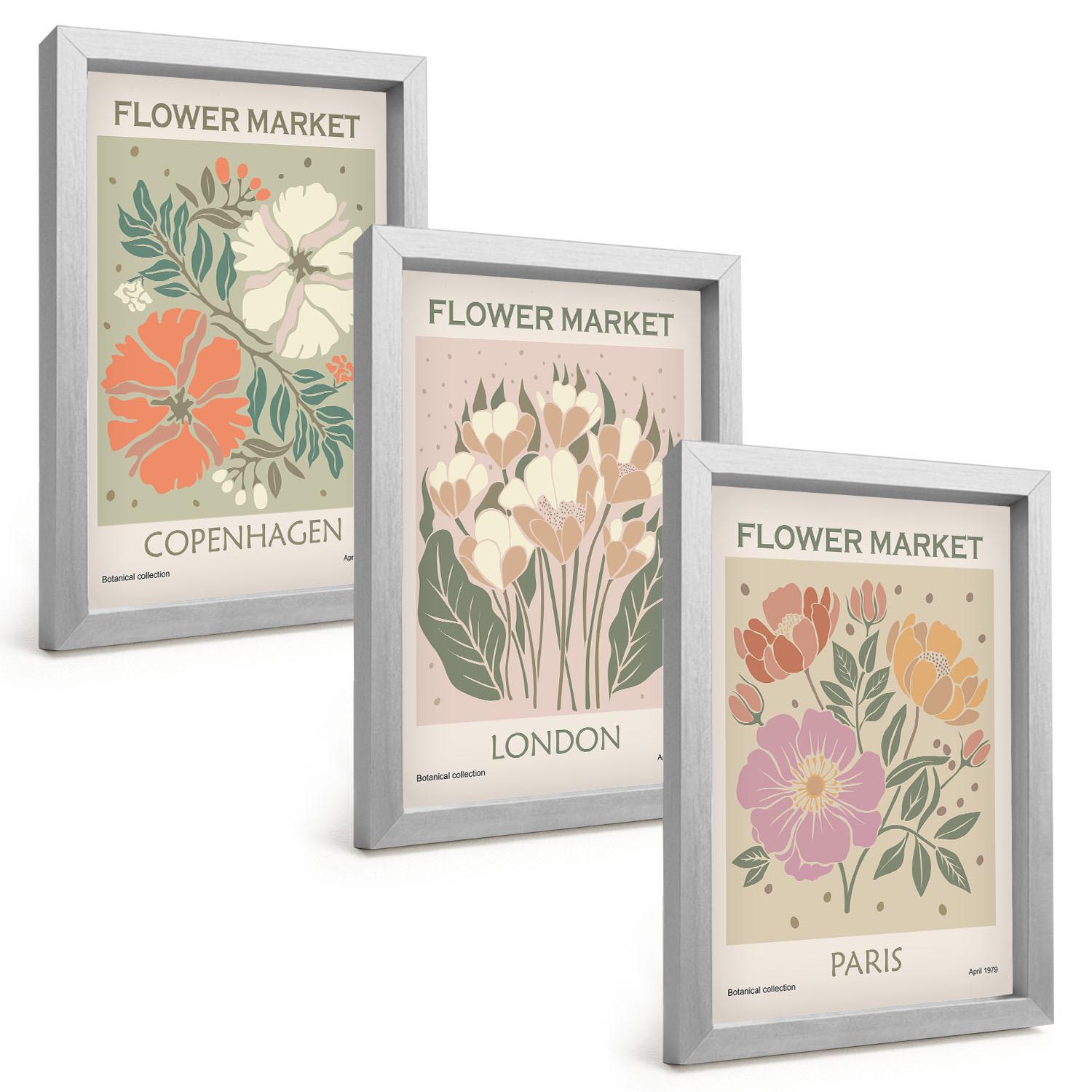 BILDER SET 3er Set - 20x30 cm Silberner Rahmen - Blumenposter Kopenhagen London Paris - Silberfarben, Kunststoff (20/30cm) - TULUP