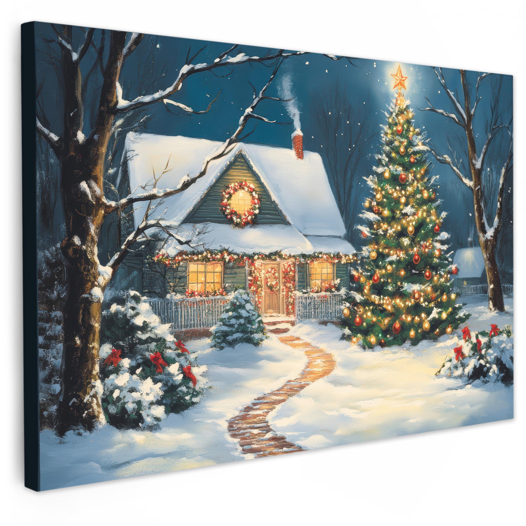 LEINWANDBILD Weihnachten - Weihnachtsbaum - Winter - Zuhause - Schnee Gemälde 60x40 cm - Smaragdgrün, Textil (60/40cm) - MuchoWow