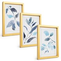 BILDER SET 3er Set - 20x30 cm Goldrahmen - Aquarell von blauen Blättern - Goldfarben, Kunststoff (20/30cm) - TULUP