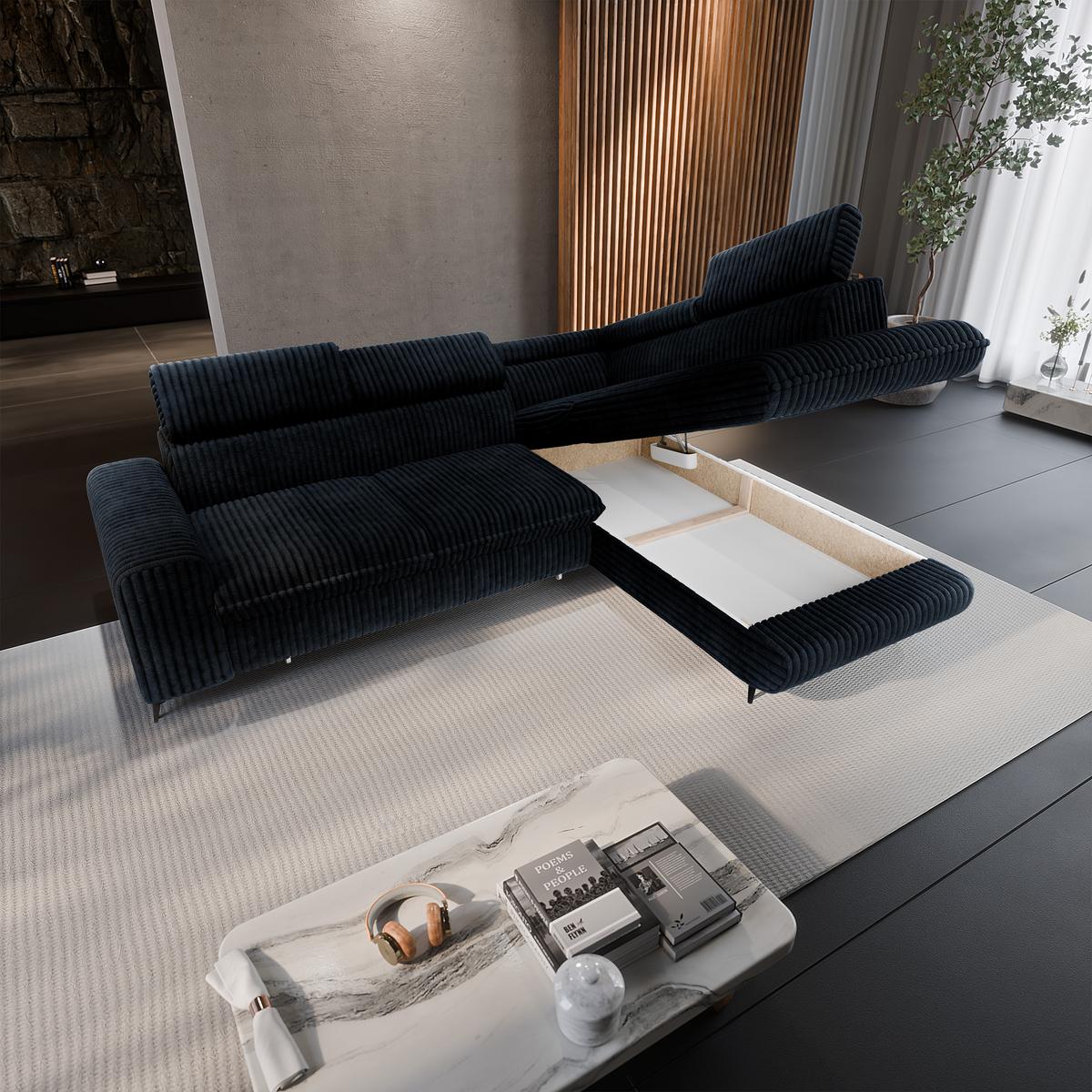 ECKSOFA VELISS Schwarz Kordstoff mit Schlaffunktion - Schwarz, Holz (255/193cm) - MASSENO