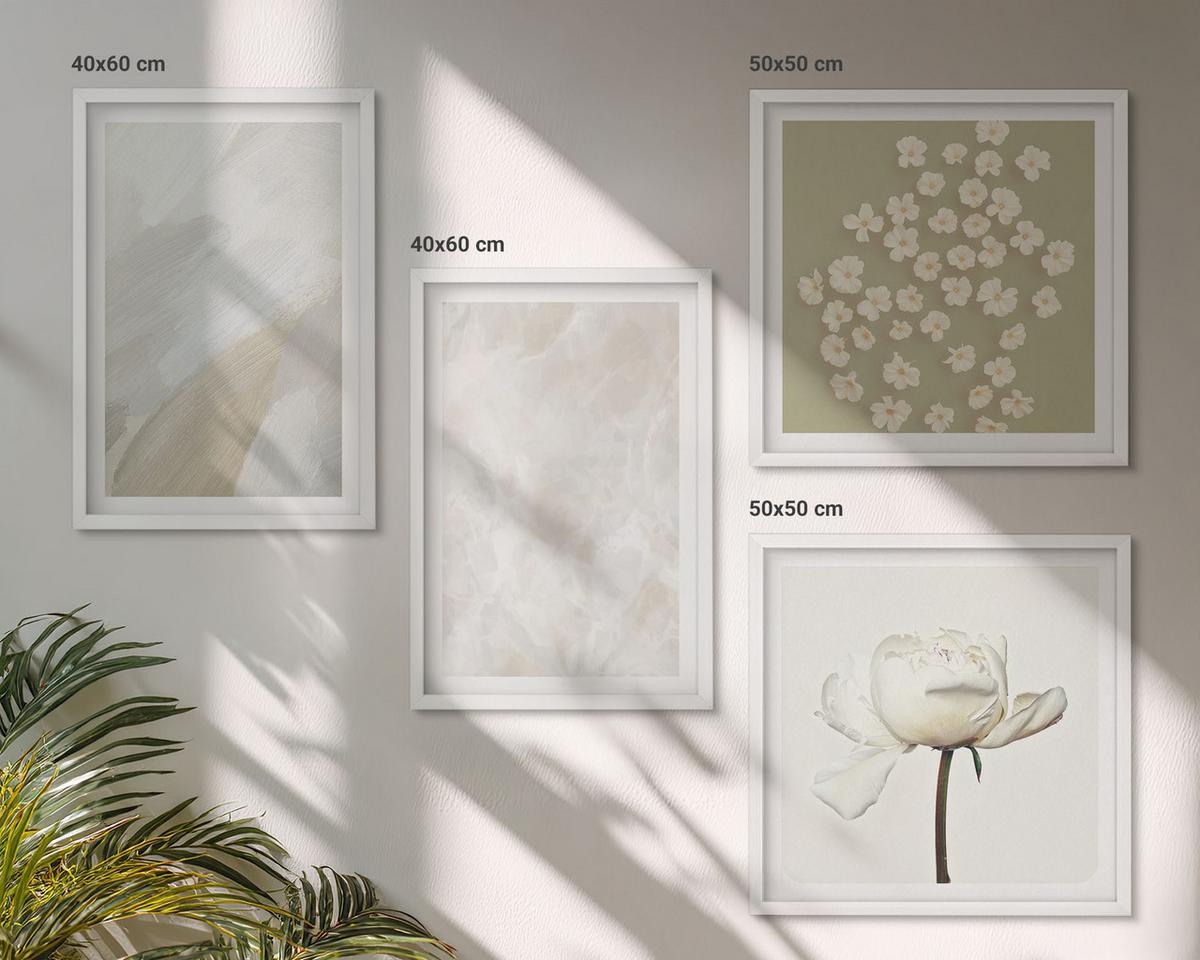 BILDER SET 4er Set - 50x50 cm & 40x60 cm Weißer Rahmen - Blumen, modische Boho-Texturen - Weiß, Kunststoff (50/50cm) - TULUP