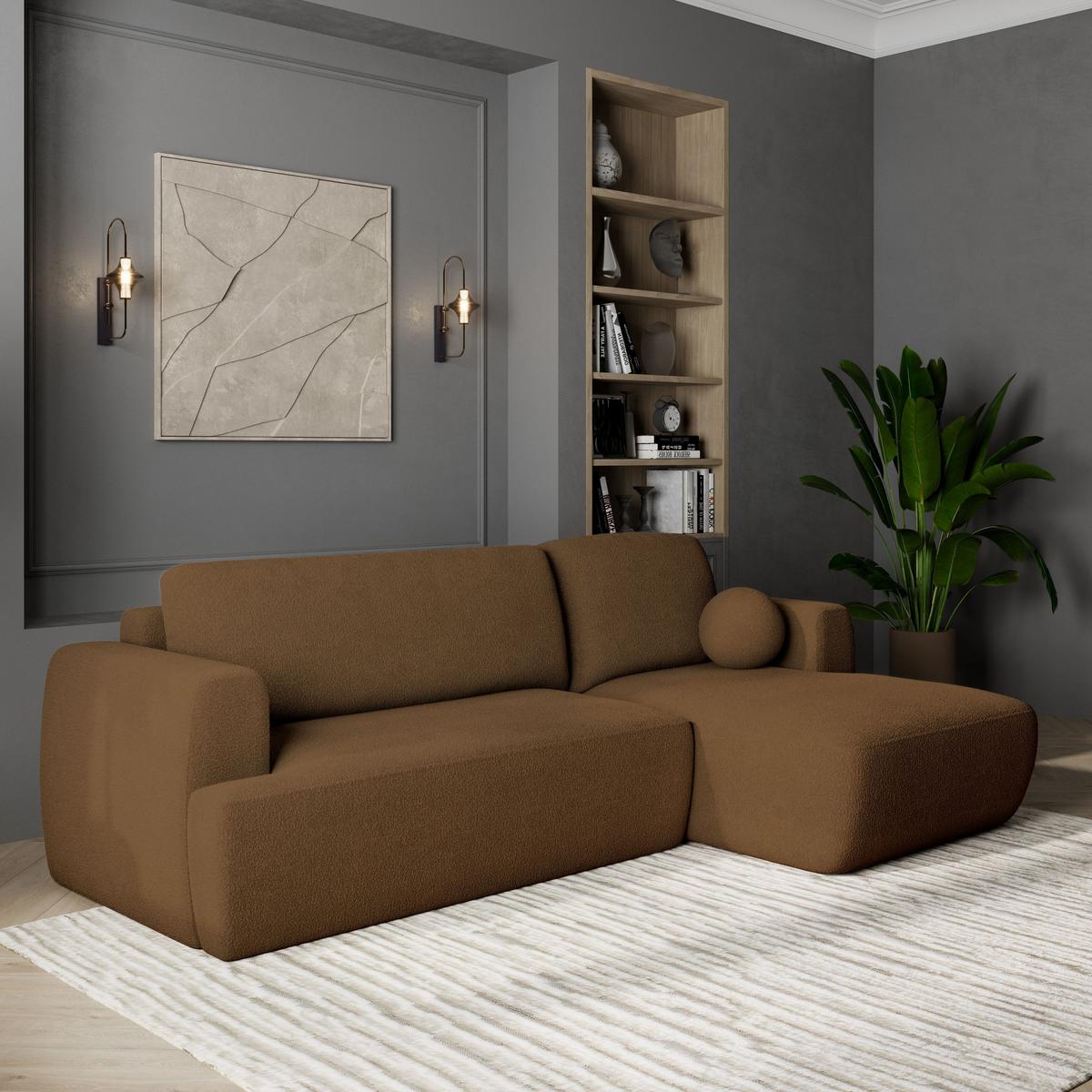 ECKSOFA SENTI N R-S Braun Boucle-Stoff mit Schlaffunktion - Schwarz/Braun, Holz/Kunststoff (246/148cm) - MASSENO