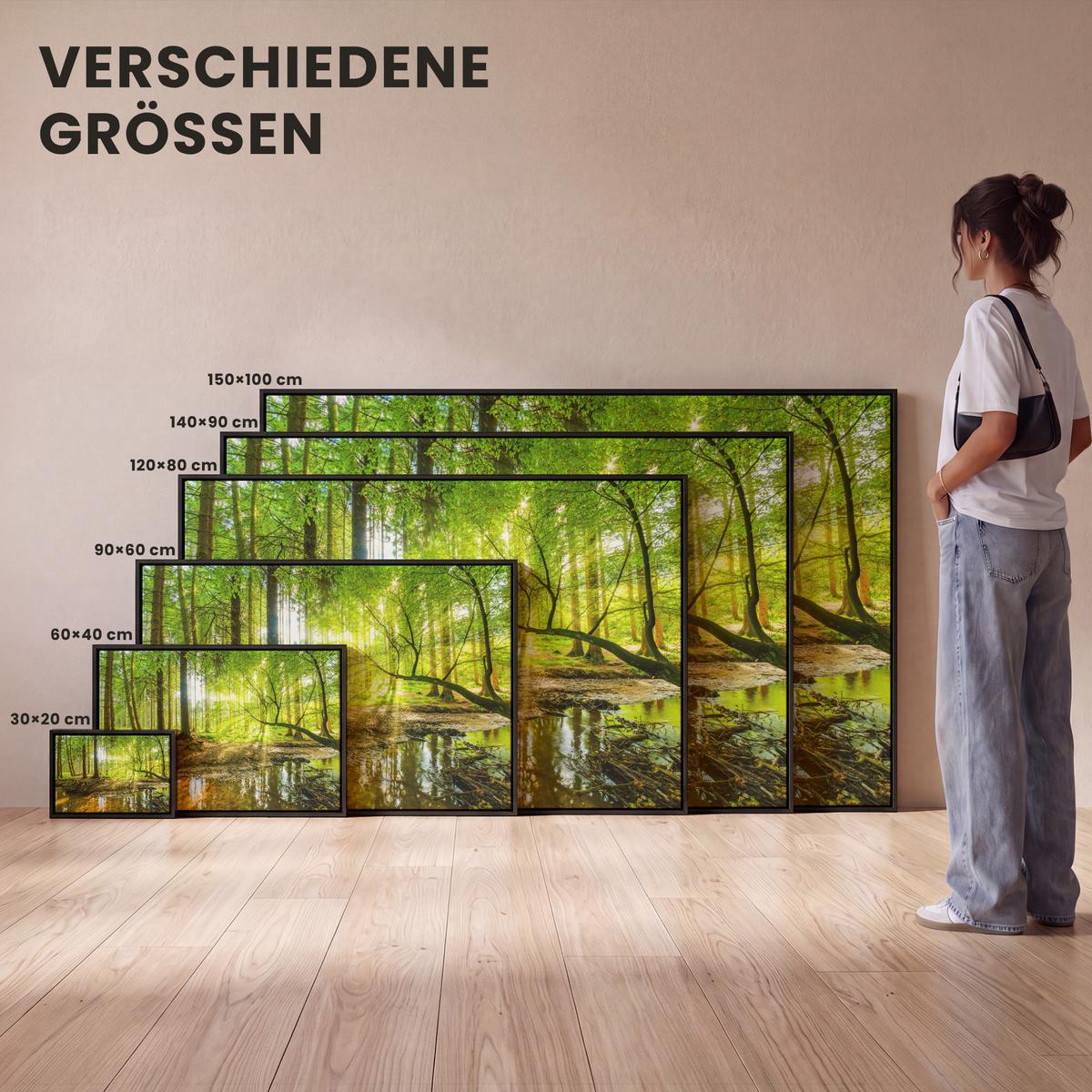 LEINWAND Bilder mit Rahmen - Wald - Landschaft - Wasser - Bäume - Sonne - Grün - Natur - 140x90 - Grün, Textil (140/90cm) - MuchoWow