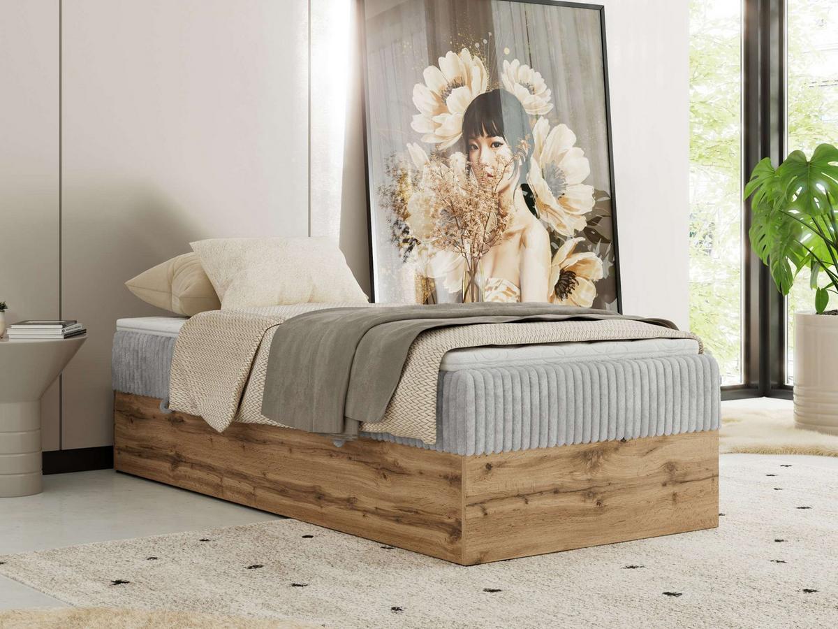 BOXBETT WOOD ZERO 90/200 - Hellgrau Cord - H3 - Topper T25 - Hellgrau, Textil (90/200cm) - MKS