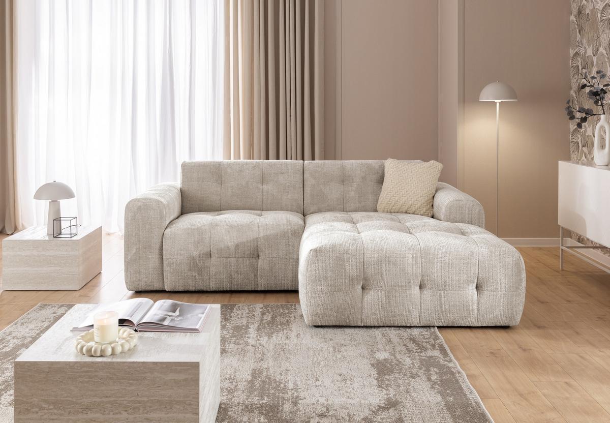 ECKSOFA mit Ottomane rechts, raffinierten Steppungen, Wellenunterfederung, B234/T161/H79 cm, Chenille-Bezug in Sandgrau / 21037 - Sandfarben/Greige, Kunststoff/Textil (234/79/161cm) - luma-home
