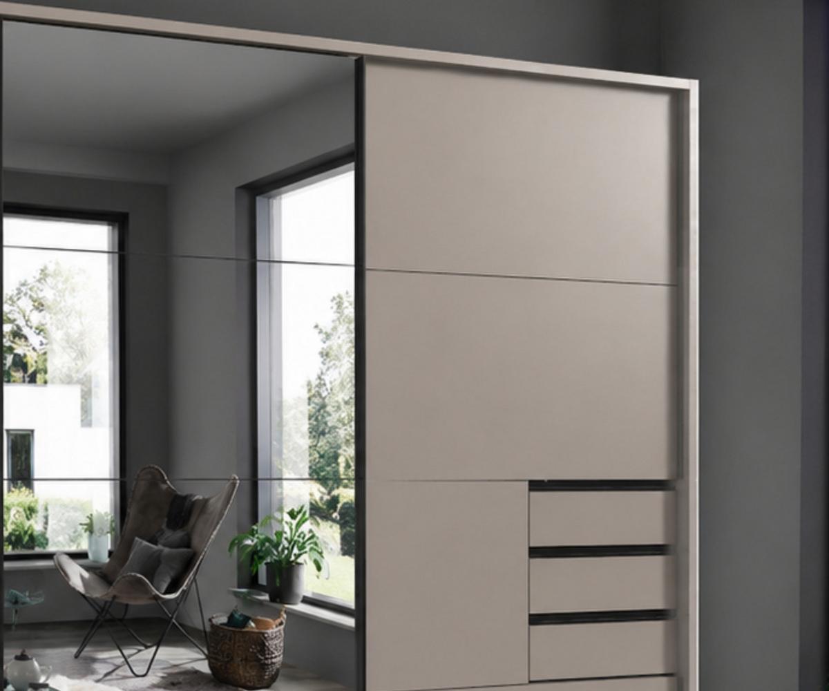 SCHWEBETÜRENSCHRANK 3-türig B273/H213/T64 cm, Sandgrau/Spiegel, Passepartout-Kleiderschrank mit Schubladen & Vollausstattung / 22621 - Sandfarben/Ecru, Holzwerkstoff/Metall (273/213/64cm) - luma-home
