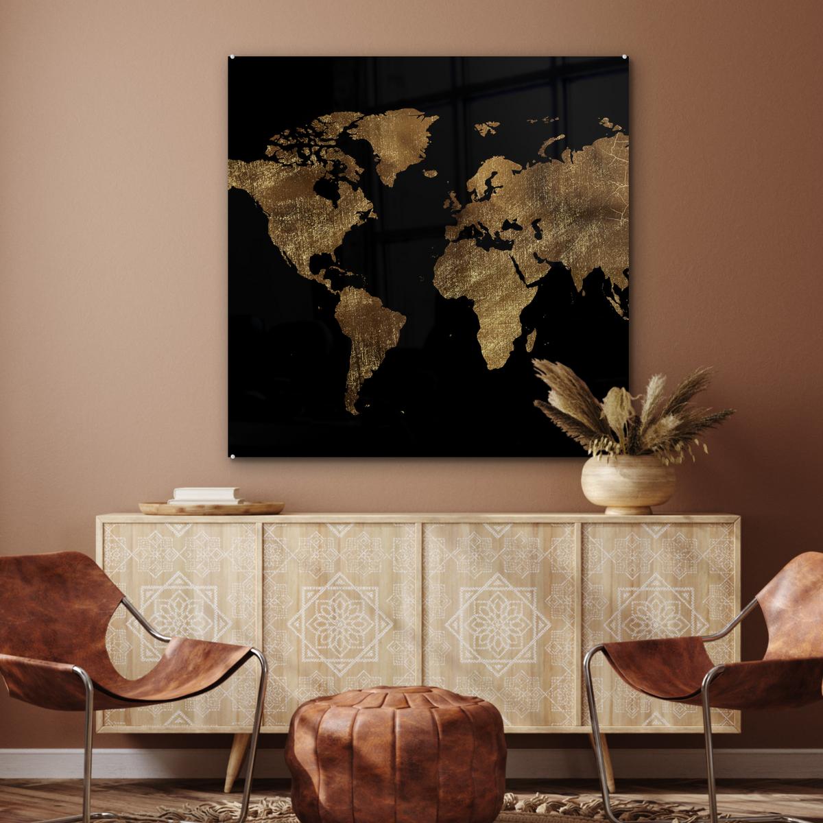 ACRYLGLASBILD Weltkarte - Gold - Luxus - Erde - Schwarz 90x90 cm - Goldfarben, Glas (90/90cm) - MuchoWow