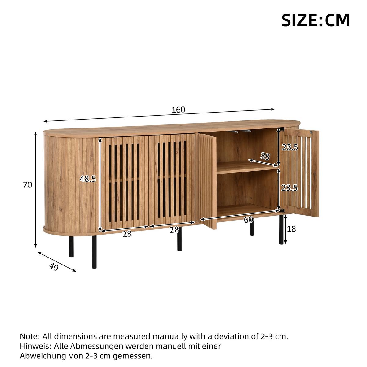 SIDEBOARD Naturholzoptik 160cm mit 4 Lamellentüren & Metallfüßen - Naturfarben, Holzwerkstoff (160/70/40cm) - Urban Meuble
