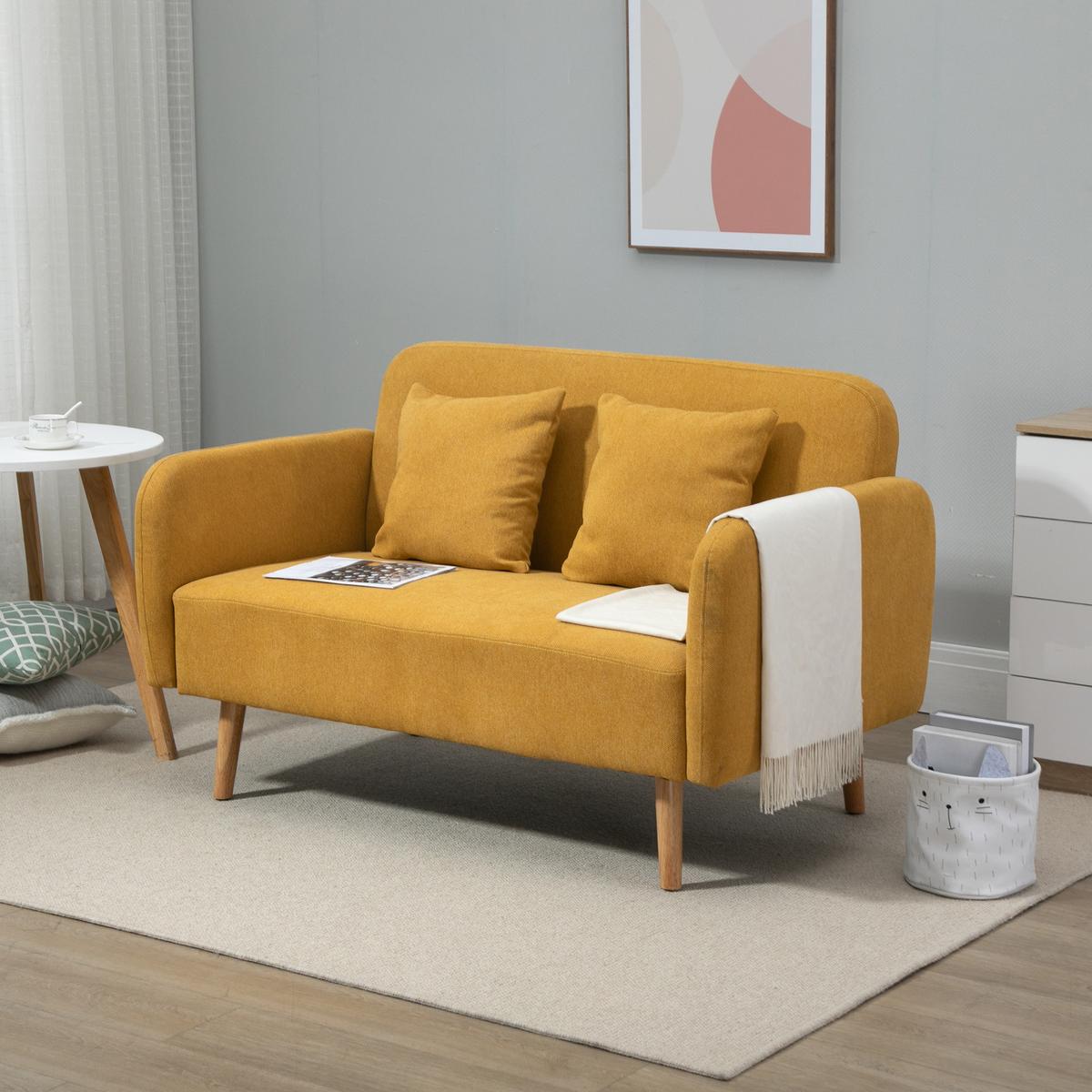 2 Sitzer Sofa, Couch mit 2 Wurfkissen, gepolsterter Doppelsofa mit Samtopik - Currygelb, Kunststoff (70/80/130cm) - HOMCOM