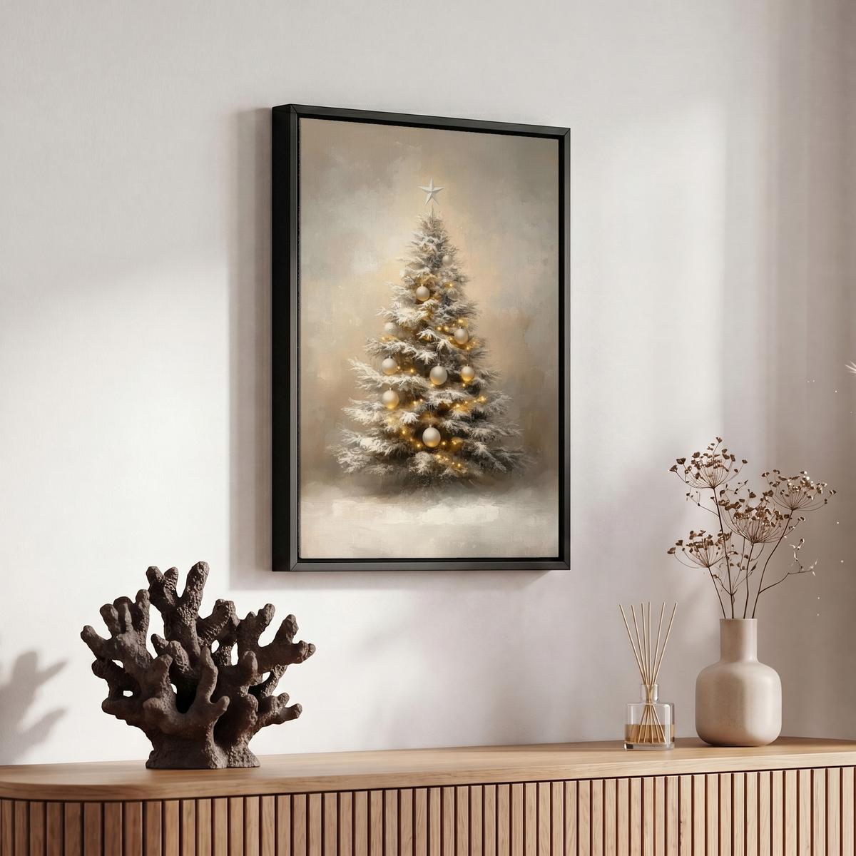 LEINWAND Bilder mit Rahmen - Weihnachten - Weihnachtsbaum - Schnee - Kunst - 20x30 - Champagner, Textil (20/30cm) - MuchoWow