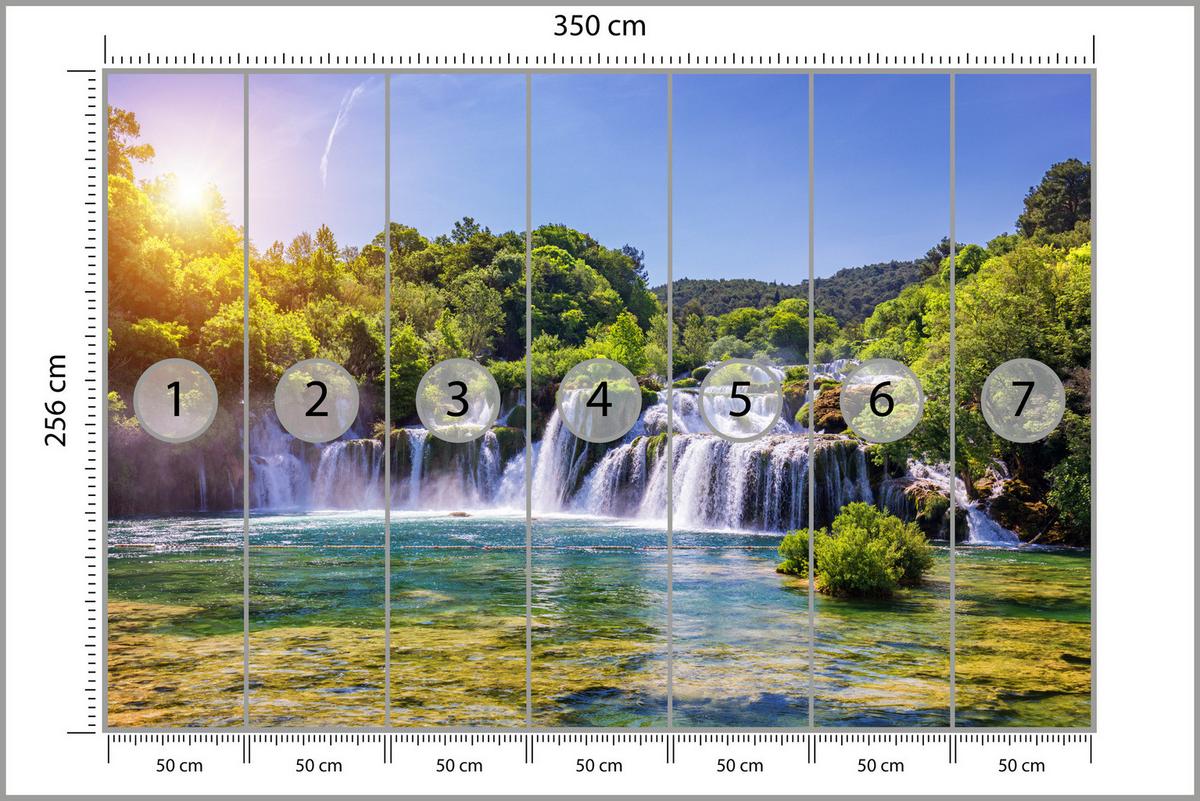 FOTOTAPETE Wasserfälle Wald Landschaft 3D 350x256 - Türkis/Blau, Papier (350/256cm) - Muralo
