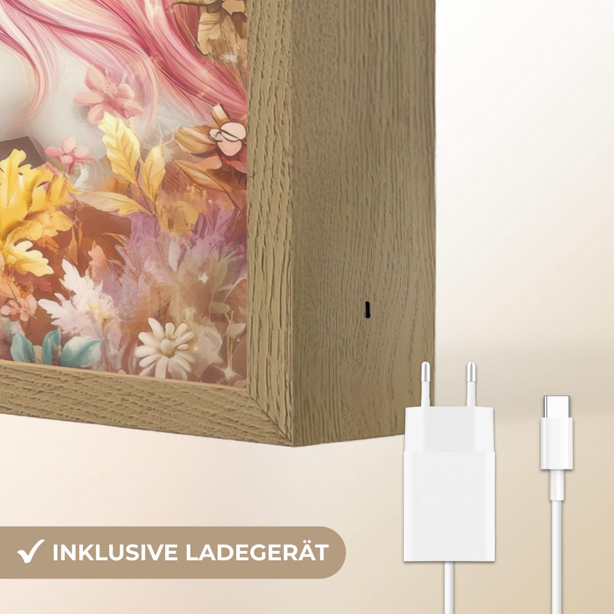 NACHTTISCHLAMPE MIT AKKU Einhorn - Blumen - Schmetterling - Rosa 30x40 cm - Beige, Holzwerkstoff (8/30/40cm) - OnlyWow