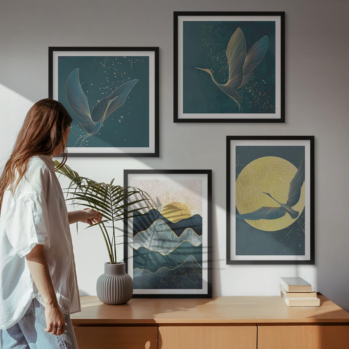 BILDER SET 4er Set - 50x50 cm & 40x60 cm Schwarzer Rahmen - Vögel, Kraniche, Mond, Berge - Schwarz, Kunststoff (50/50cm) - TULUP