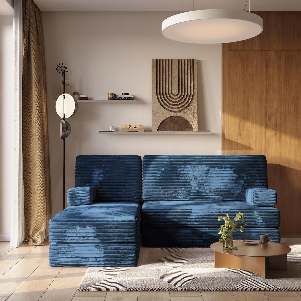 ECKSOFA NOTIA modulares Boneless Sofa mit Schlaffunktion Blau Kordstoff - Blau, Textil (200/120cm) - MASSENO