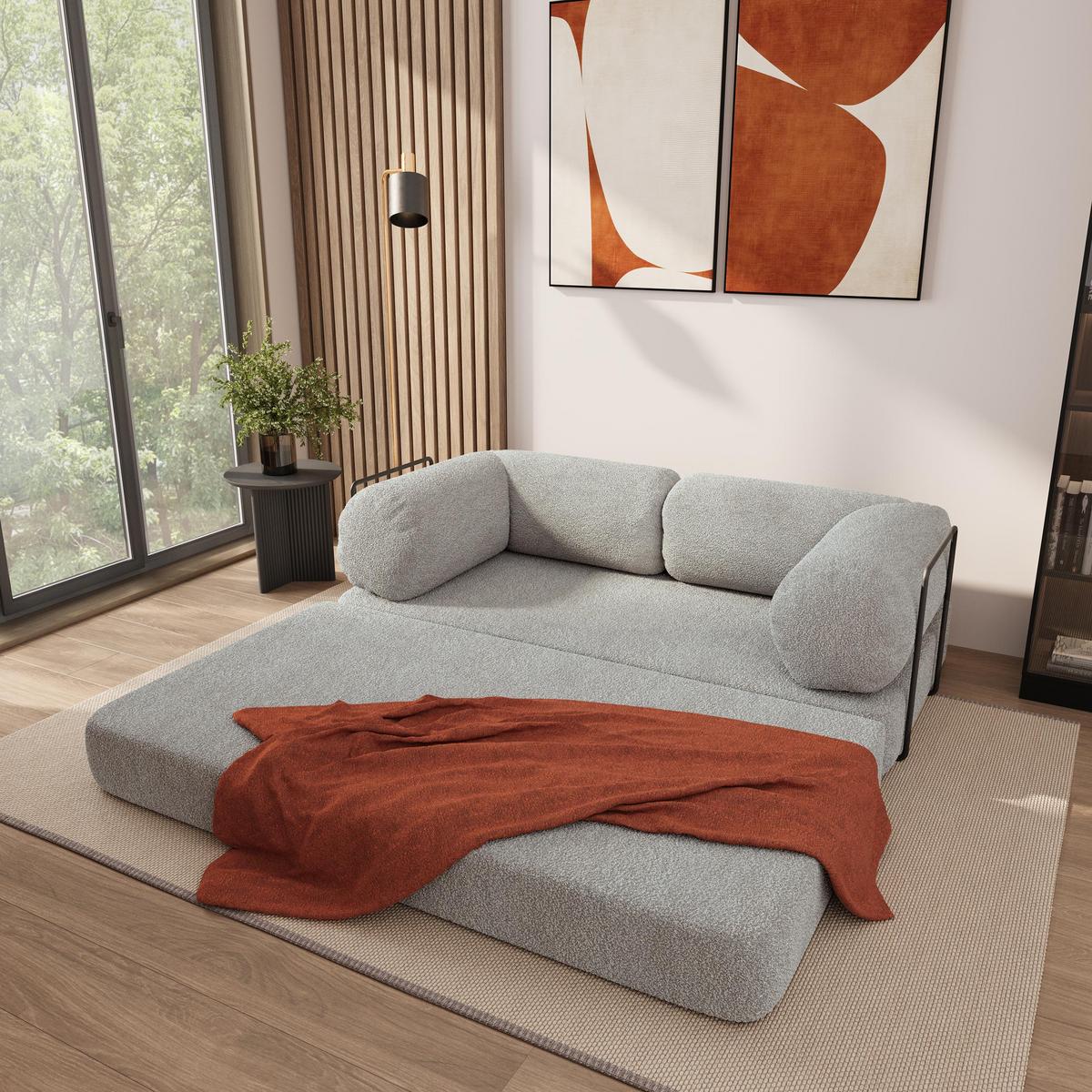 BETTSOFA EIREN aus Schaumstoff Bucle-Stoff Hellgrau Schlaffunktion - Hellgrau, Textil (170/68/80cm) - MASSENO