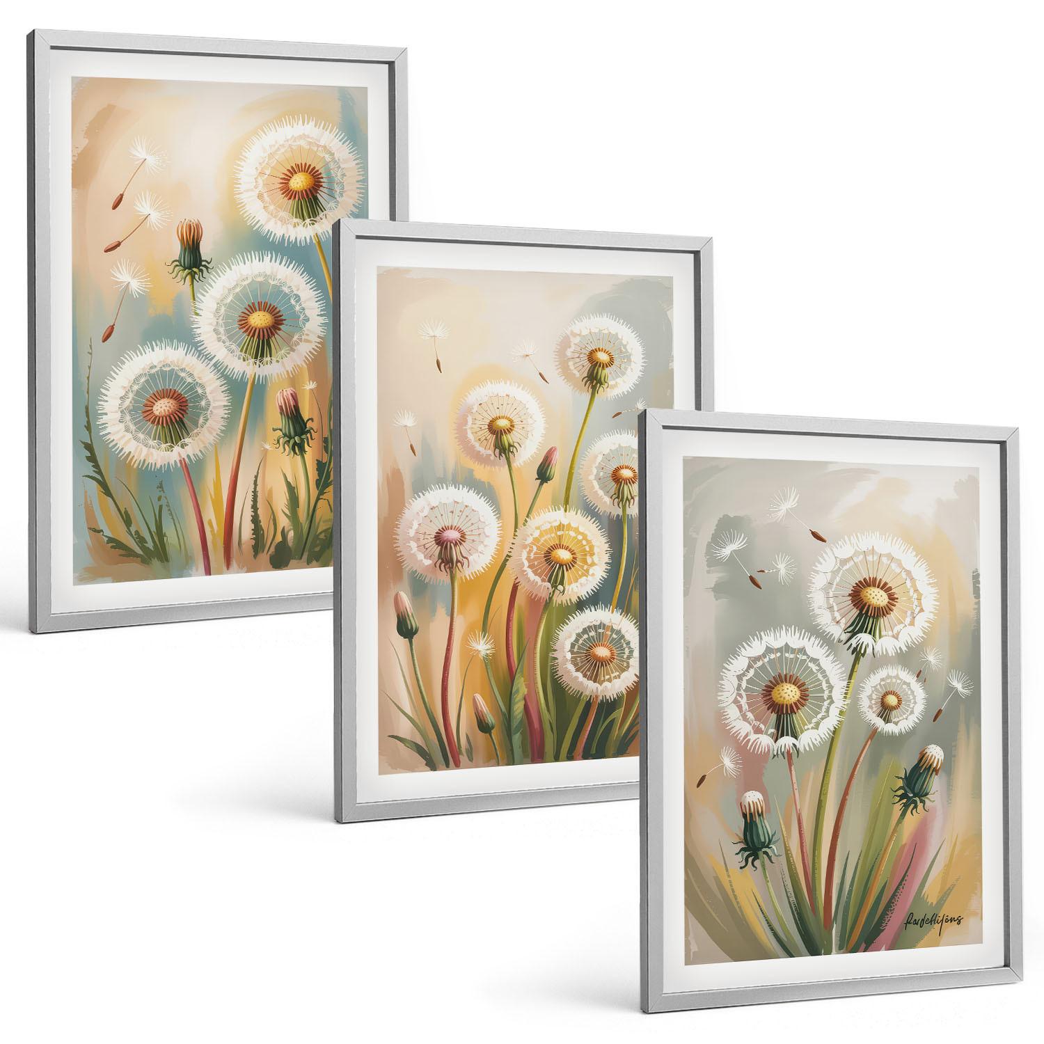 BILDER SET 3er Set - 40x60 cm Silberner Rahmen - Löwenzahnblüten, pastellfarbene Gräser - Silberfarben, Kunststoff (40/60cm) - TULUP