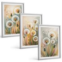 BILDER SET 3er Set - 40x60 cm Silberner Rahmen - Löwenzahnblüten, pastellfarbene Gräser - Silberfarben, Kunststoff (40/60cm) - TULUP